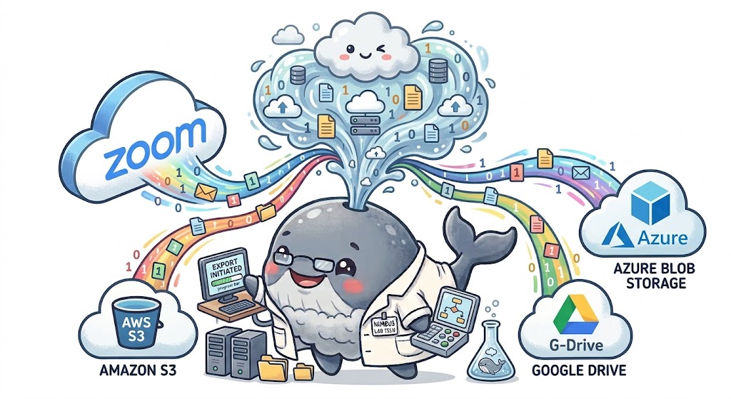 A friendly whale scientist moving Zoom recordings to Amazon S3, Azure Blob Storage, and Google Drive