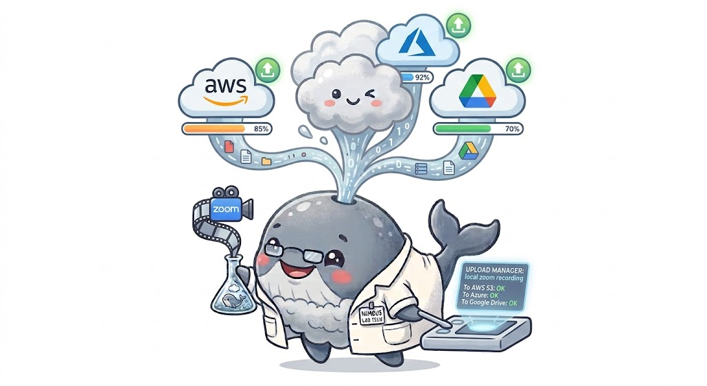 Nimbus Whale mascot uploading a Zoom local recording to AWS, Azure, and Google Drive