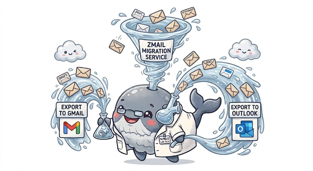 Nimbus Whale mascot exporting Zmail messages and attachments to Gmail and Outlook