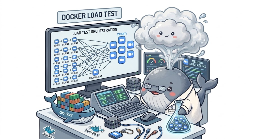 Nimbus Whale mascot operating a Docker-based Zoom meeting load-testing lab